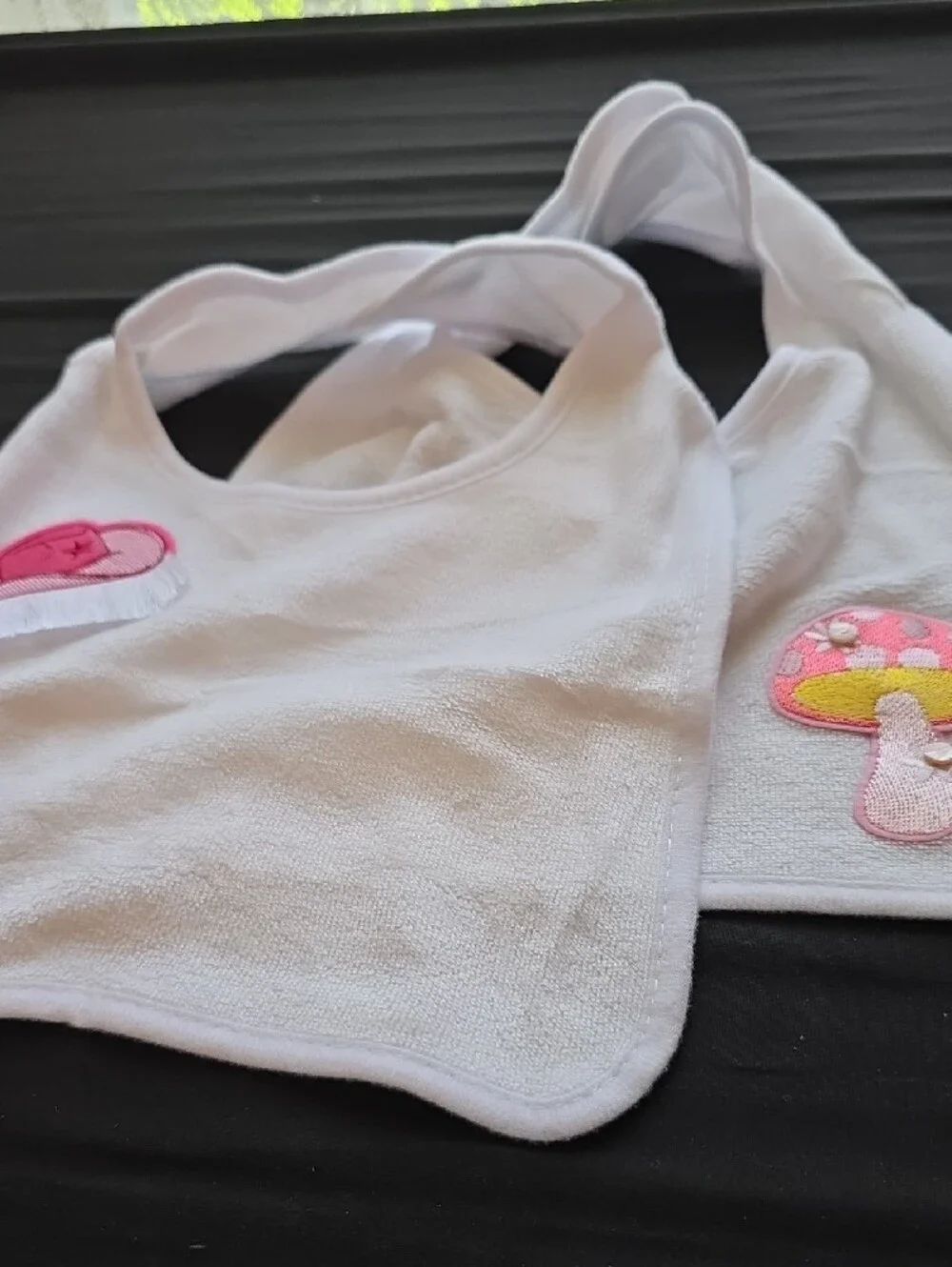White Baby Bib with Pink & Yellow Mushroom Appliqué 2 Pack